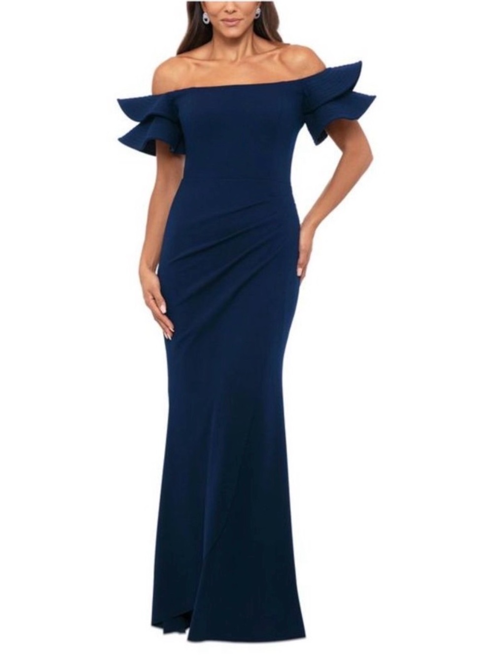Xscape One-Shoulder Navy Gown with Layered Ruffle Sleeve